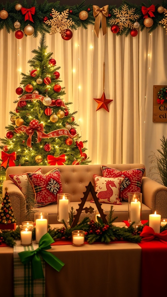 A festive Christmas decor setup with a decorated tree, cozy seating, and a holiday-themed table.